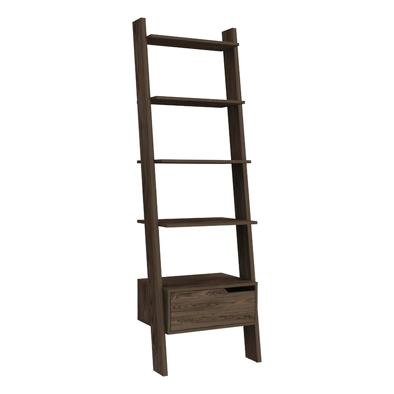 Depot E-shop Kobe Ladder Bookcase, One Drawer, Five Open Shelves, Dark Walnut