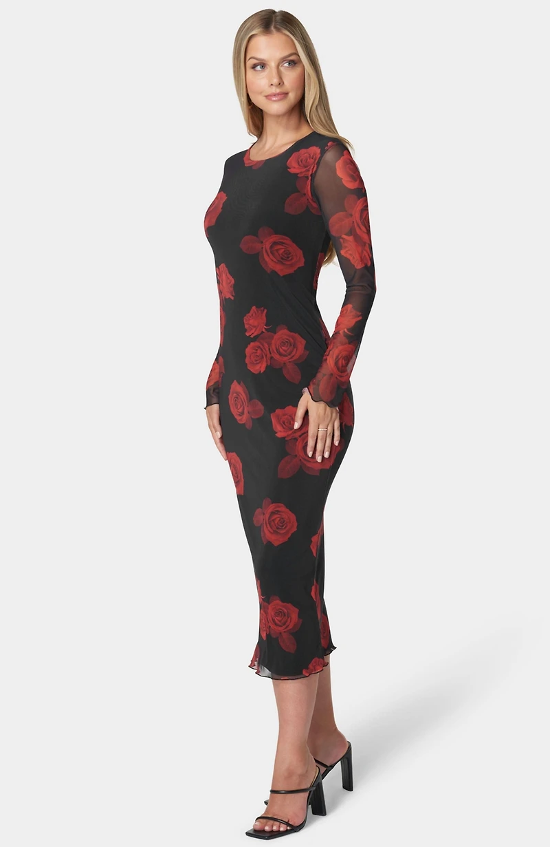 Bebe Women's Long Sleeve Printed Powermesh Maxi