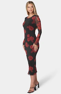 Bebe Women's Long Sleeve Printed Powermesh Maxi