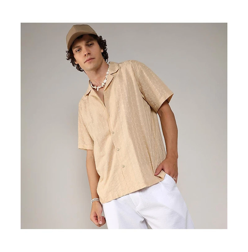 Men's Beige Embroidered Geometric Shirt
