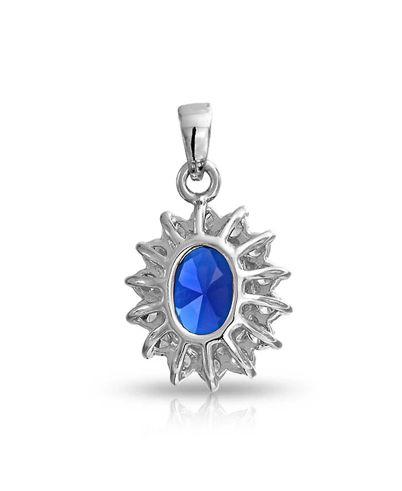 Bling Jewelry Style Royal Blue Oval Halo Crown Pendant Necklace .925 Sterling Silver