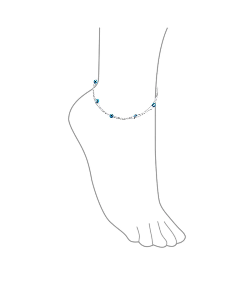 Bling Jewelry Protection Amulet Minimalist Delicate Double Row Aqua Blue Multi Color Evil Eye Anklet Ankle Bracelet .925 Sterling Silver 8.5-9.5 Inch