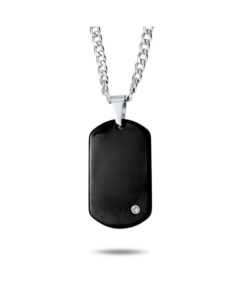 Bling Jewelry Simple Basic Black Dog Tag Pendant Necklace Cz Accent Stainless Steel 24 Inch Chain