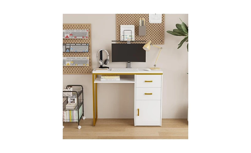 Slickblue Fch White Iron Pipe Computer Desk with 2 Drawers and 1 Door, Versatile for Multiple Scenes