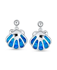 Bling Jewelry Created Blue Opal Hawaiian Nautical Tropical Beach Vacation Mollusks Clam Dangling Drop Stud Earrings Marine Life .925 Sterling Silver