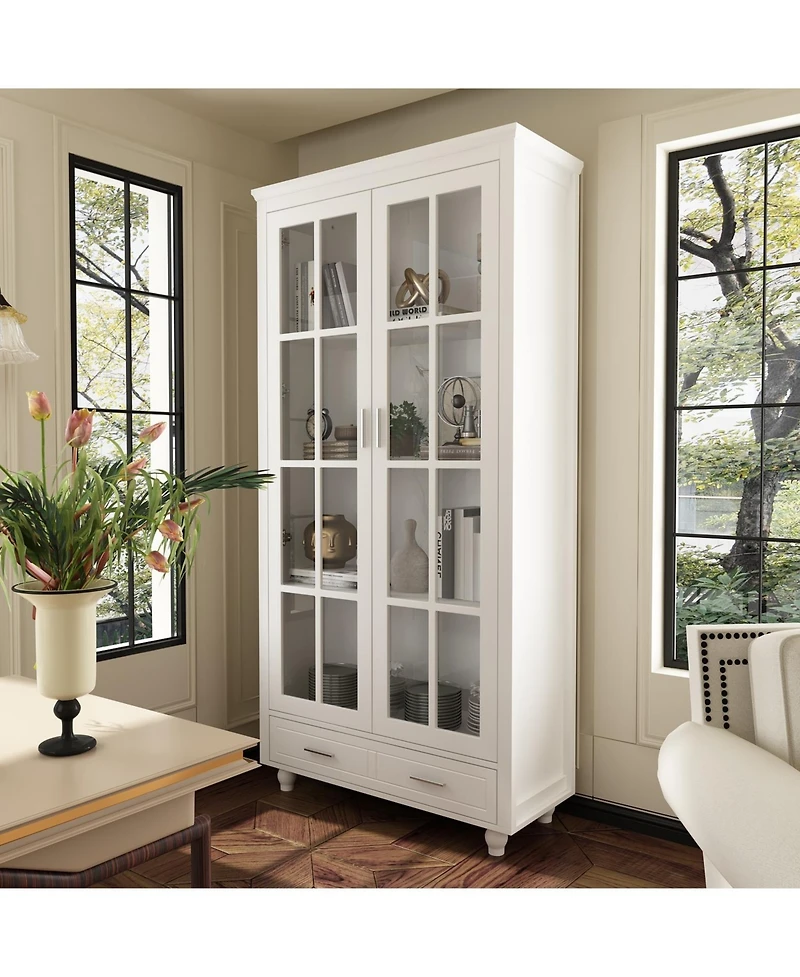 Famapy White Storage Cabinet Bookcase with Tempered Glass Doors,-Drawer