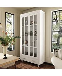 Famapy White Storage Cabinet Bookcase with Tempered Glass Doors,-Drawer