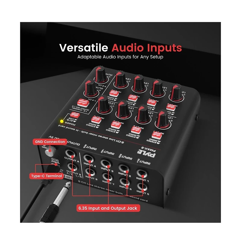 Pyle Compact Bluetooth 8-Channel Line Mixer with Usb Audio Interface