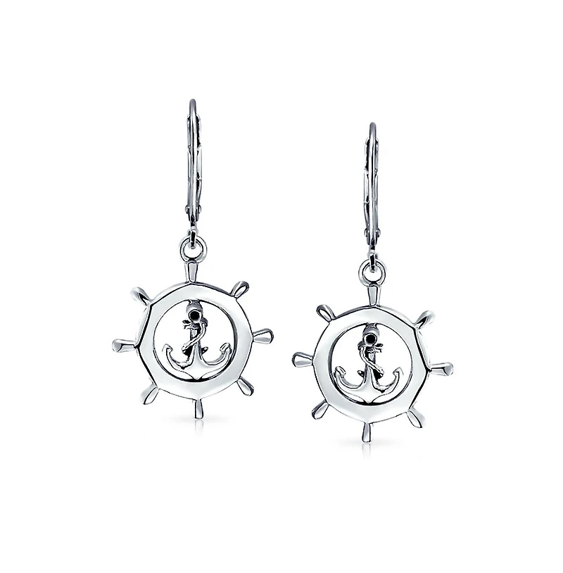 Bling Jewelry Tropical Beach Vacation Honeymoon Simple Nautical Boat Ship Wheel Anchor Lever Back Dangle Earrings .925 Sterling Silver