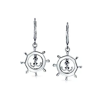 Bling Jewelry Tropical Beach Vacation Honeymoon Simple Nautical Boat Ship Wheel Anchor Lever Back Dangle Earrings .925 Sterling Silver