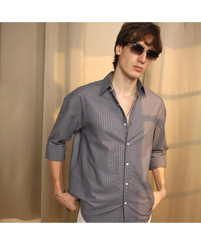 Campus Sutra Men's Moon Grey Seersucker Shirt