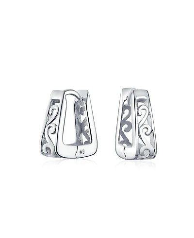 Bling Jewelry Square Pyramid Shaped Scroll Swirl Filigree Kpop Huggie Earrings Hoop Gold Plated Sterling Silver