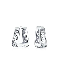 Bling Jewelry Square Pyramid Shaped Scroll Swirl Filigree Kpop Huggie Earrings Hoop Gold Plated Sterling Silver