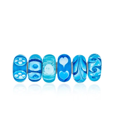 Bling Jewelry Mixed Set Of Bundle .925 Sterling Silver Core Translucent Shades Of White Blue Floral Murano Glass Swirl Charm Bead Spacer Fits European