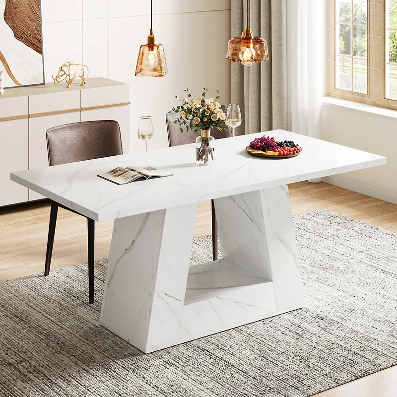 Tribesigns Dining Table for 4 to 6 People, 63" Rectangular Dining Room Table, Modern Wooden Faux Marble Dinner Table with Sturdy Base for Kitchen