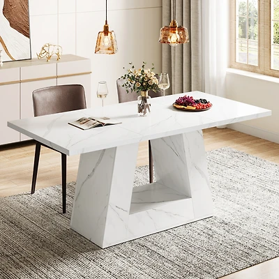 Tribesigns Dining Table for 4 to 6 People, 63" Rectangular Dining Room Table, Modern Wooden Faux Marble Dinner Table with Sturdy Base for Kitchen