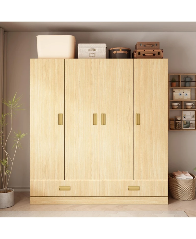 Famapy Brown Wood 4-Door Big Wardrobe Armoires with 2-Drawers