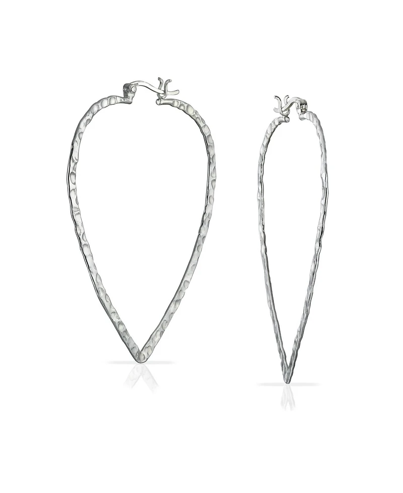 Bling Jewelry Boho Triangle Leaf Shaped Flat Large Open Teardrop .925 Sterling Silver Hammered Hoop Earrings Western Jewelry 2.25 Inch