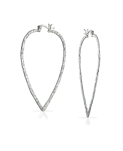 Bling Jewelry Boho Triangle Leaf Shaped Flat Large Open Teardrop .925 Sterling Silver Hammered Hoop Earrings Western Jewelry 2.25 Inch