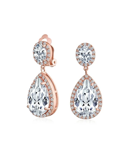 Bling Jewelry Cubic Zirconia Pave Cz Halo Statement Large Teardrop Dangle Clip On Earrings Prom 14K Gold Plated Brass