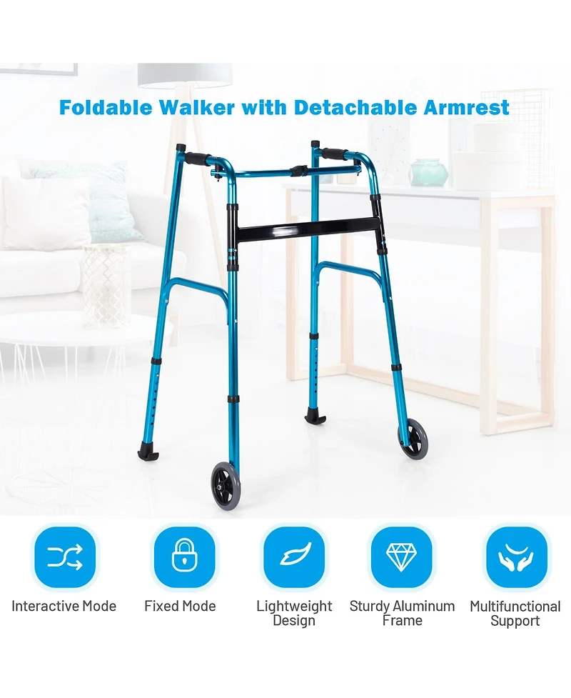 Sugift Folding Adjustable Aluminum Wheel Walking Frame-Navy