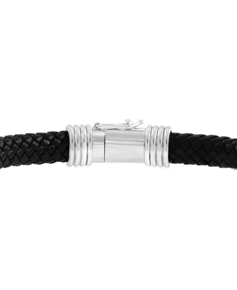 Effy Men's Black Spinel Infinity Loop Woven Leather Bracelet (1-5/8 ct. t.w.) in Sterling Silver