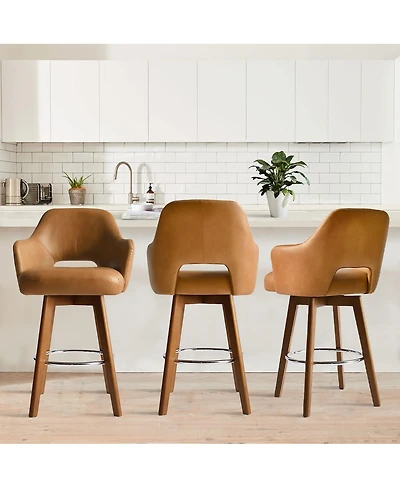 Maison Boucle 360° Swivel Armrest Faux Leather Counter Height Barstool with Rubberwood Legs(Set Of 3)-Maison Boucle