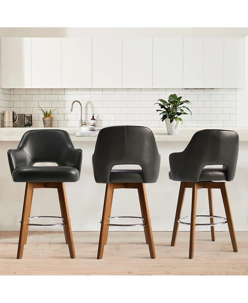 Set of 3 Swivel Faux Leather Counter Height Bar Stools with Back and Arms, 26'' Seat, Rubberwood Legs-Maison Boucle