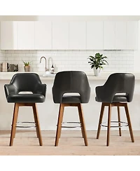 Set of 3 Swivel Faux Leather Counter Height Bar Stools with Back and Arms, 26'' Seat, Rubberwood Legs-Maison Boucle