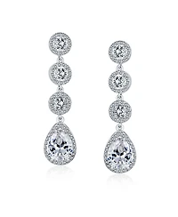 Bling Jewelry Classic Jewelry Fashion Statement Triple Round Pave Cz Halo Long Linear Pear Shape Dangle Teardrop Chandelier Earrings Yellow Gold Silve