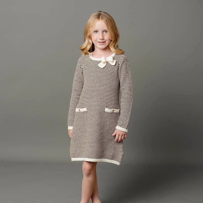 Hope & Henry Toddler Girls Organic Long Sleeve Bow Detail Tweed Sweater Dress