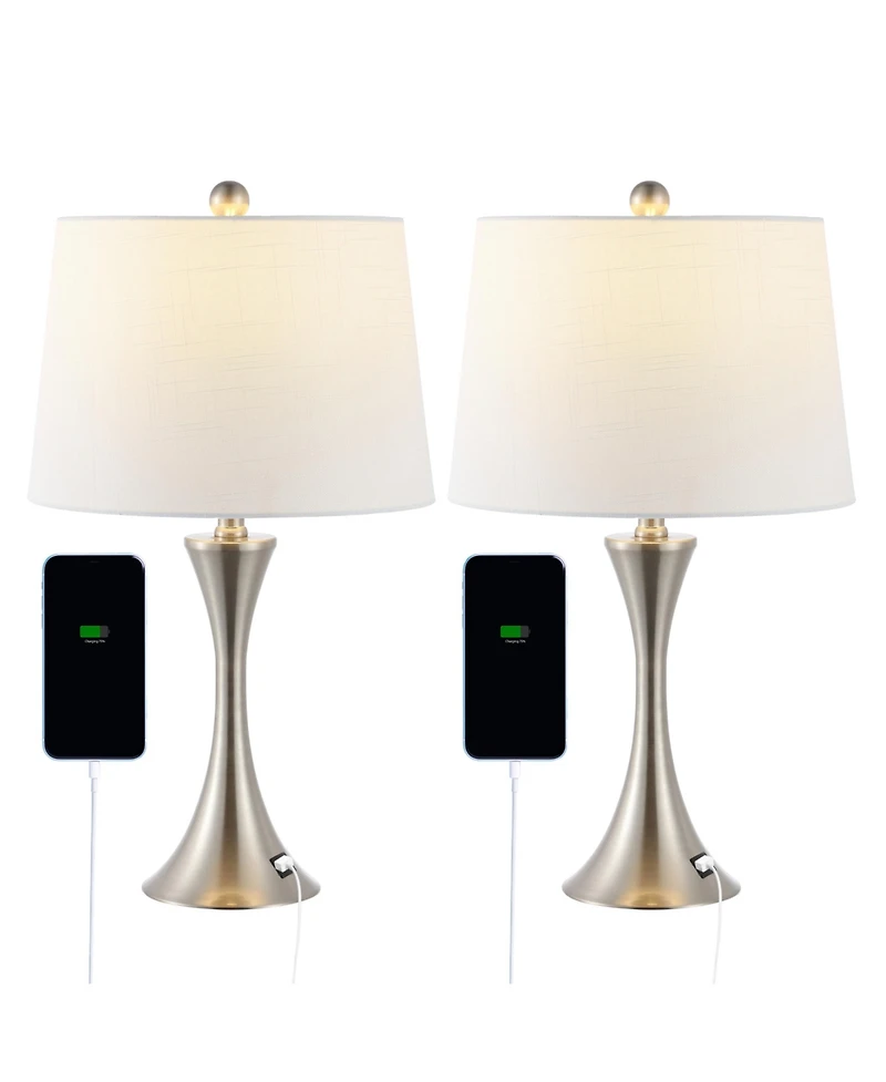 Jonathan Y Bennett 22.75" Modern Glam Iron Hourglass Led Table Lamp with Usb Charging Port, Nickel (Set of 2)