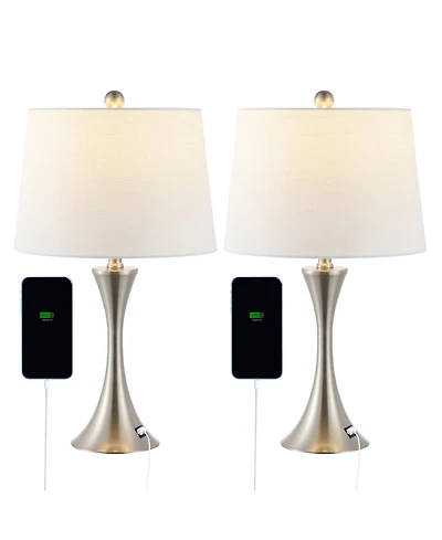 Jonathan Y Bennett 22.75" Modern Glam Iron Hourglass Led Table Lamp with Usb Charging Port, Nickel (Set of 2)