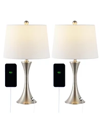 Jonathan Y Bennett 22.75" Modern Glam Iron Hourglass Led Table Lamp with Usb Charging Port, Nickel (Set of 2)