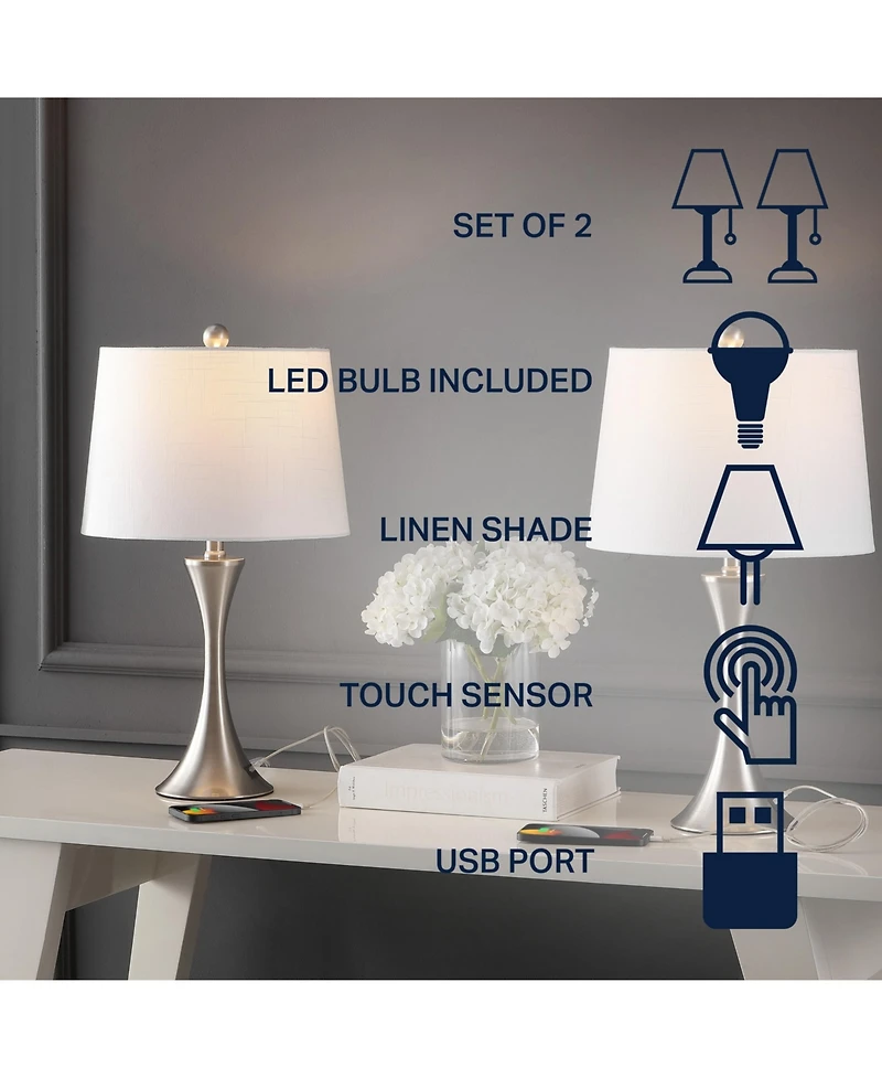 Jonathan Y Bennett 22.75" Modern Glam Iron Hourglass Led Table Lamp with Usb Charging Port, Nickel (Set of 2)