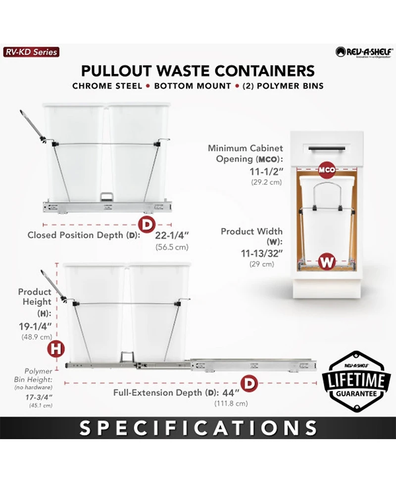 Rev-a-Shelf Double Pullout Trash Can 27 qt. for Kitchen, White, Rv-15KD-11C S