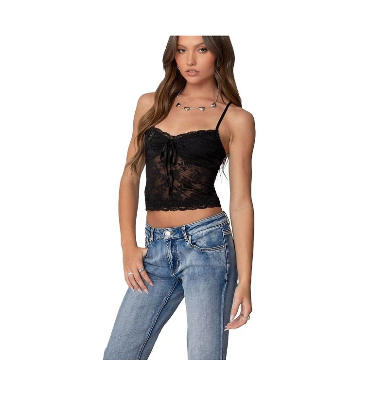 Edikted Womens Cami Sheer Lace Tank Top