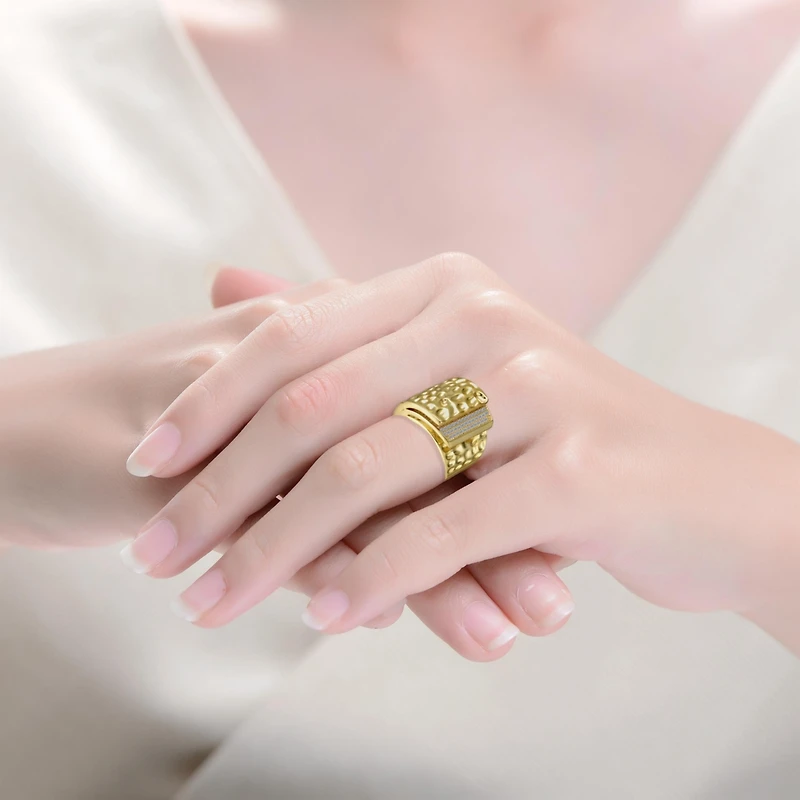 14k Gold Plated with Clear Cubic Zirconia Hammered Coiled Wrap Ring