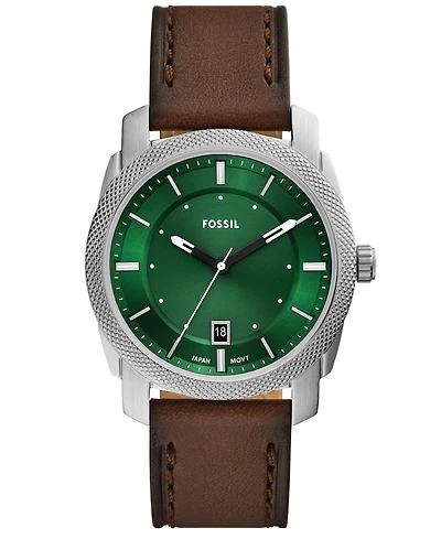 Fossil Men's Machine Three-Hand Green Dial Brown Leather Watch, 42mm