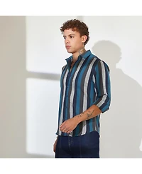 Men's Navy Blue & Ash Grey Block-Striped Shirt