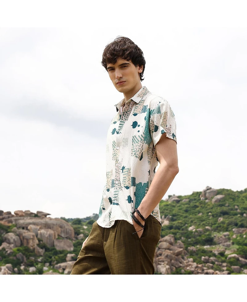 Men's Forest Green & Bone Beige Abstract Seersucker Shirt