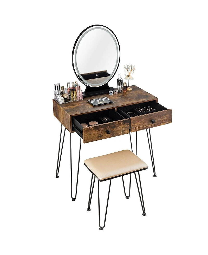 Industrial Makeup Dressing Table with 3 Lighting Modes-Rustic Brown