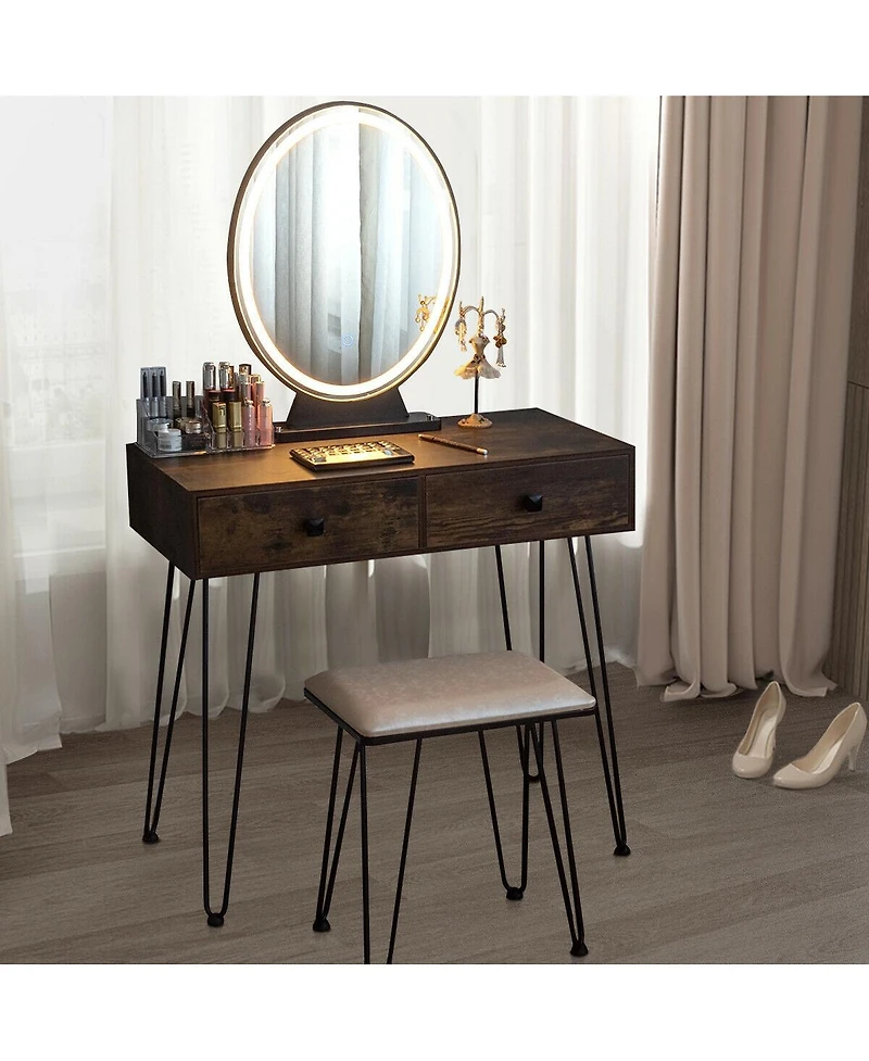 Industrial Makeup Dressing Table with 3 Lighting Modes-Rustic Brown
