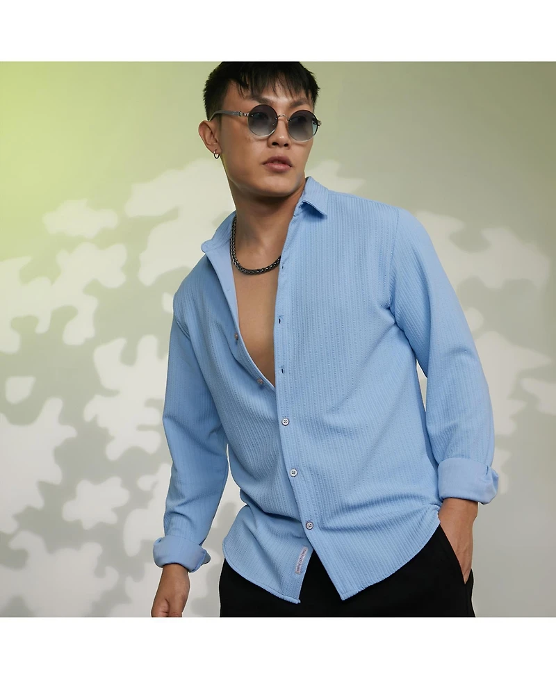 Campus Sutra Men's Baby Blue Stripe-Creased Shirt