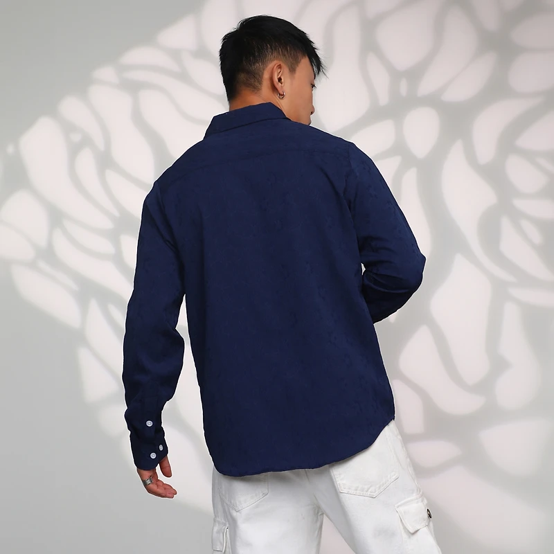 Men's Navy Blue Floral-Textured Shirt