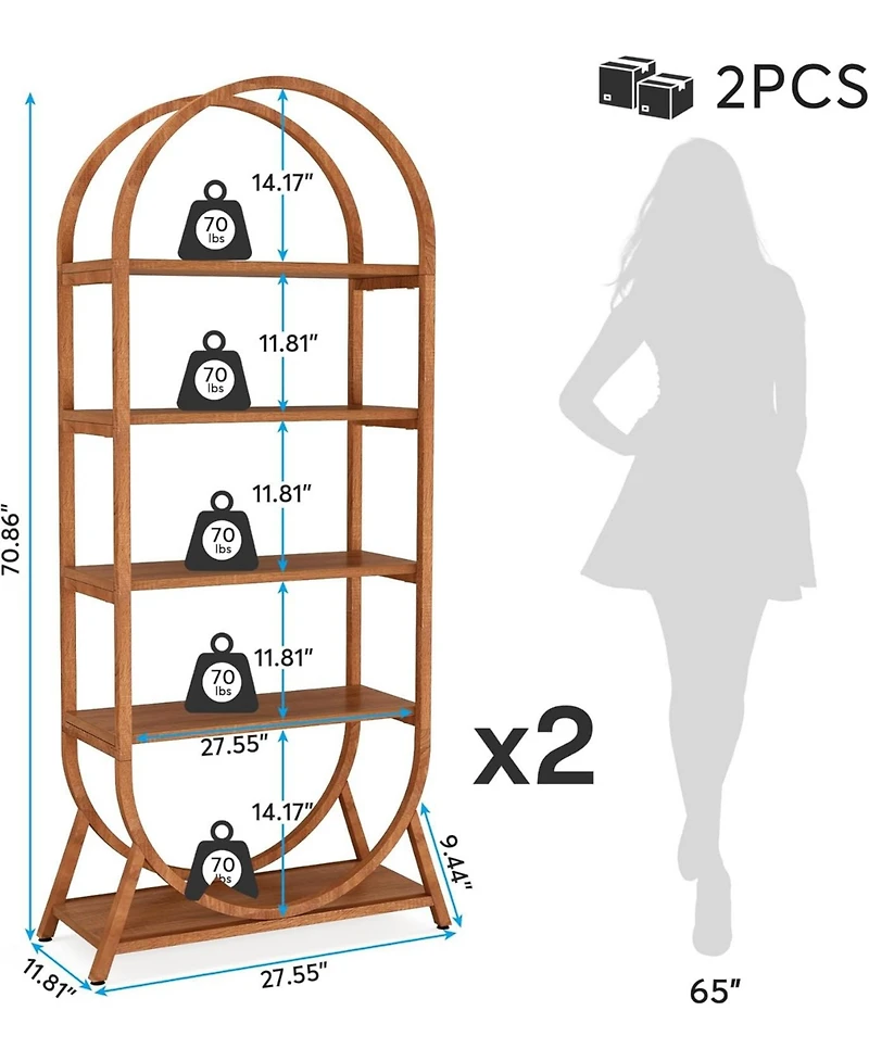 Tribesigns 5-Tier Open Bookshelf, 70.8" Tall Arched Bookcase, Modern Brown Metal Frame Storage Bookshelves, Freestanding Display Rack Shelving Unit fo