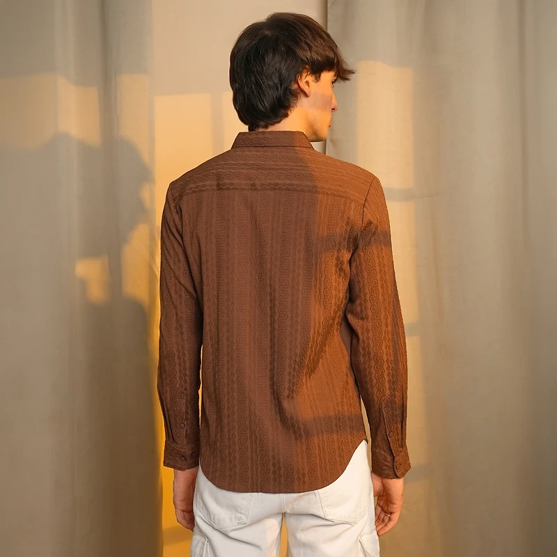 Campus Sutra Men's Chocolate Brown Geometric-Textured Knit Shirt