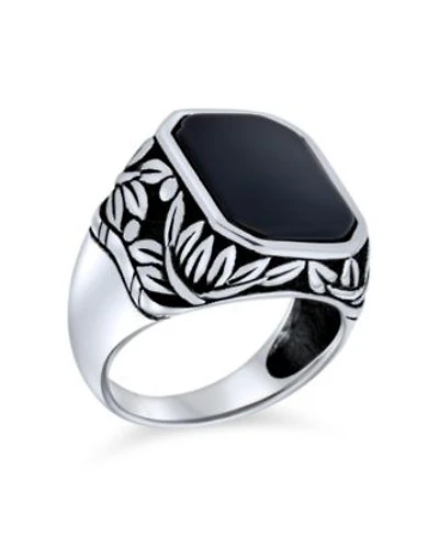 Bling Jewelry Leaf Vine Accent Black Onyx Octagon Rectangle Signet Ring Heavy Oxidized .925 Sterling Silver