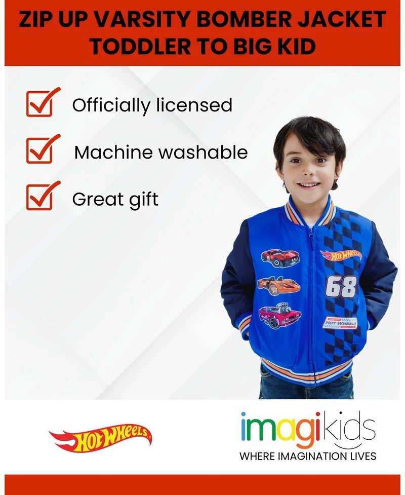 Hot Wheels Toddler Boys Zip Up Varsity Bomber Jacket to (3T - 10-12)