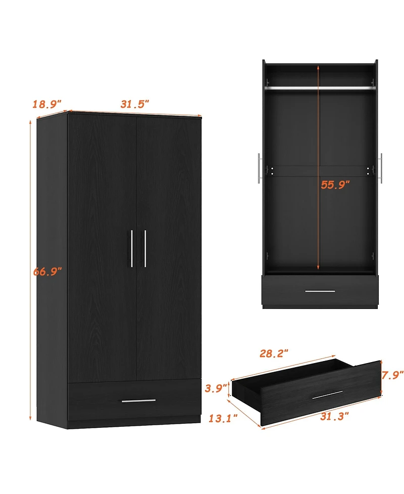 Famapy White 2-Door Wardrobe Armoire with 1-Drawers and Hanging Rod